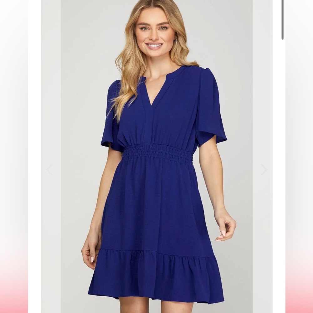 She + Sky Ruffled Hem Notched Flutter Sleeve Mini Dress